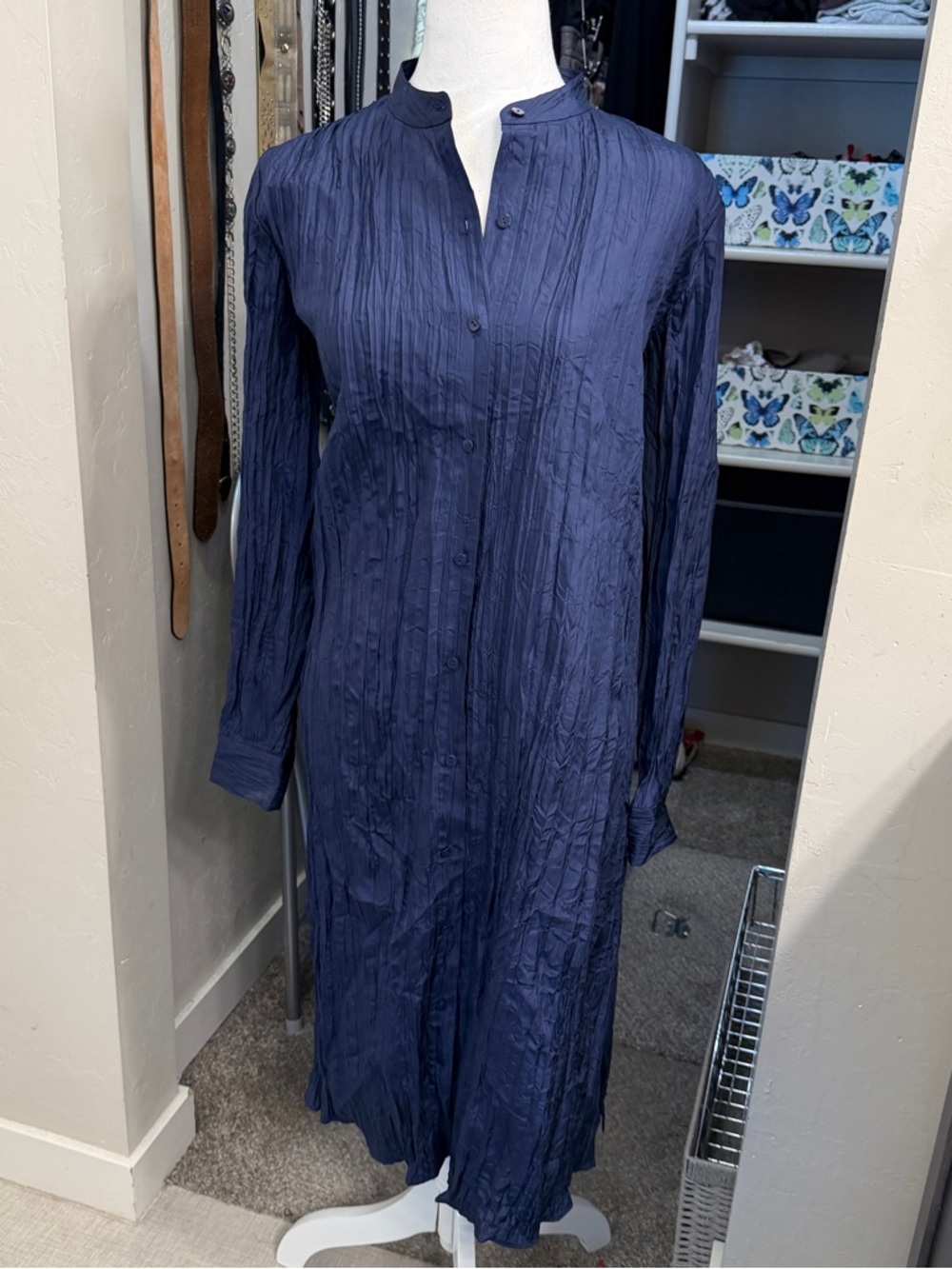 Eileen Fisher Navy Blue Silk Crinkle Tunic Button-Down Long Shirt Dress- XS